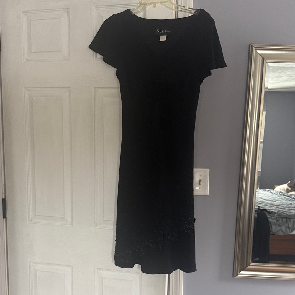 S.L. Fashions Black Midi Dress with Scalloped Hem